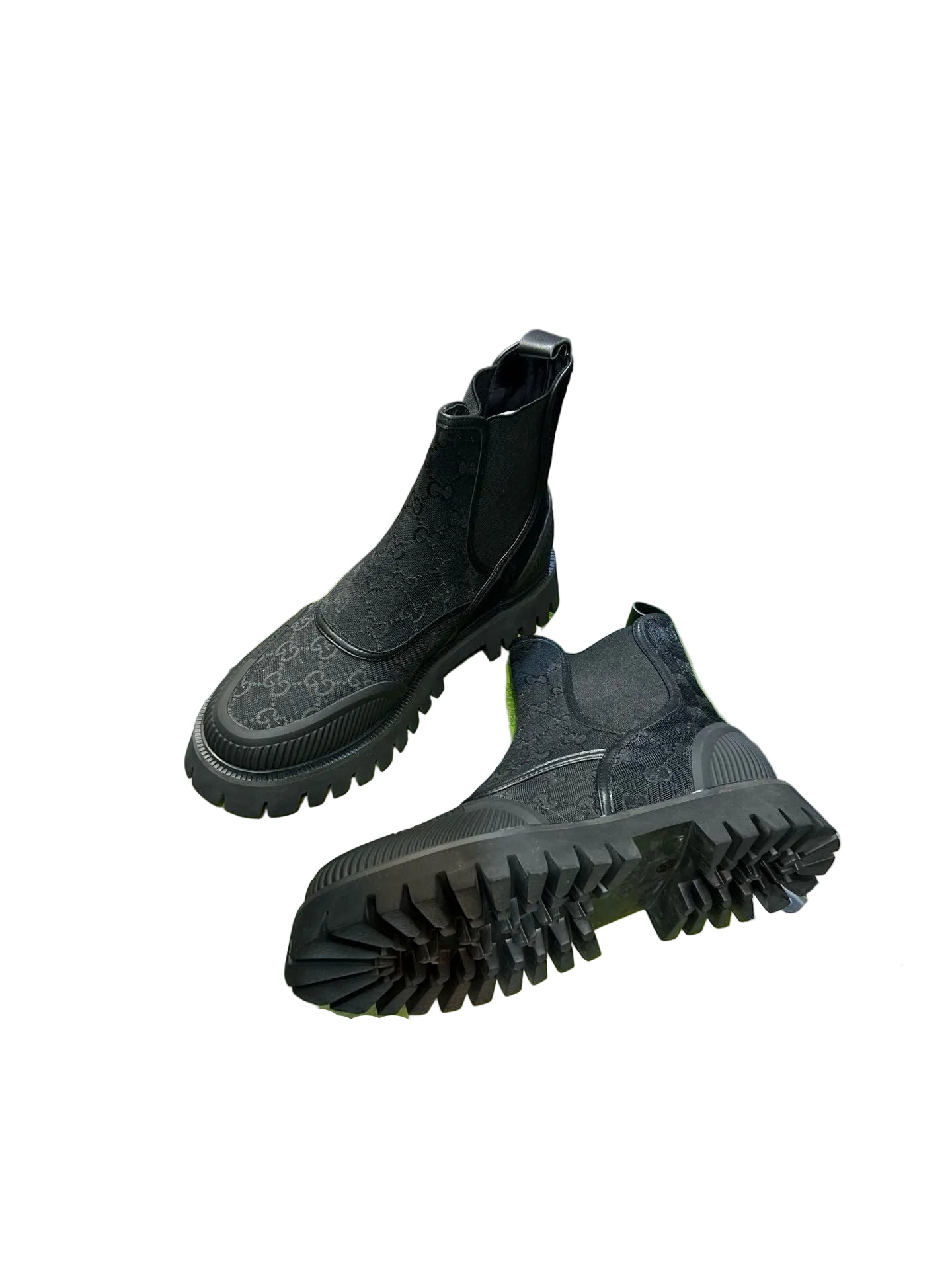 Triple-Black Jacquard Canvas Ankle Boots with Tonal Pattern top