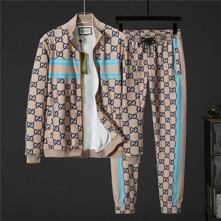 Two-Piece Zip-Up Jacket & Jogger Tracksuit – Beige & Blue