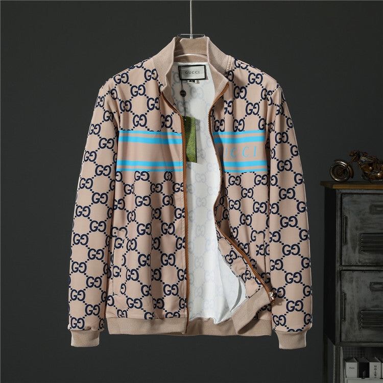 Two-Piece Zip-Up Jacket & Jogger Tracksuit – Beige & Blue