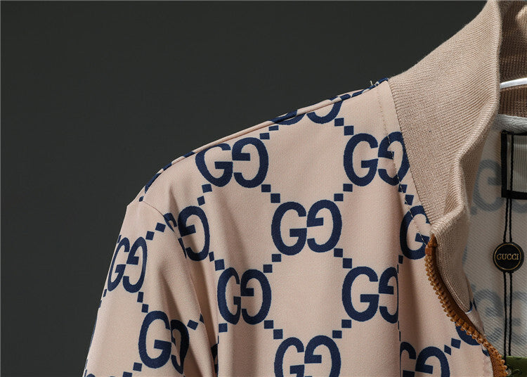 Two-Piece Zip-Up Jacket & Jogger Tracksuit – Beige & Blue