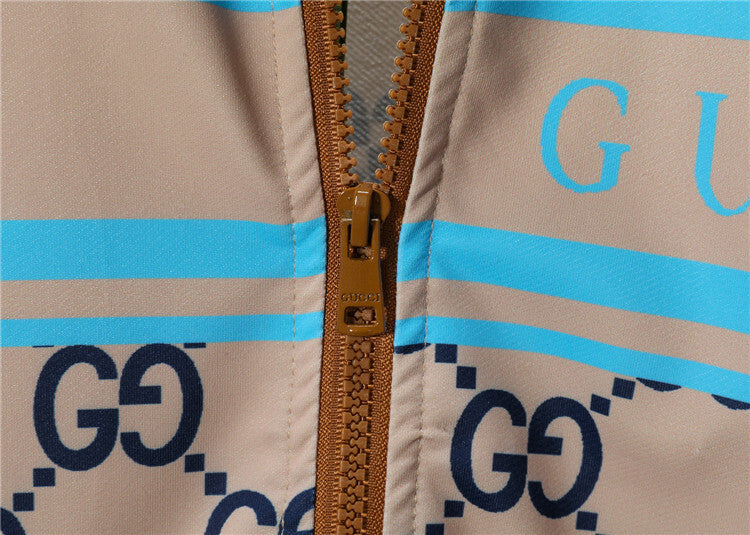 Two-Piece Zip-Up Jacket & Jogger Tracksuit – Beige & Blue