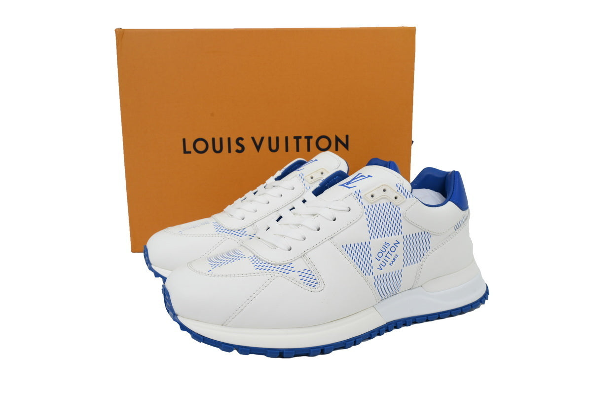 White & Blue Check-Pattern Leather Runner Sneaker – Athletic