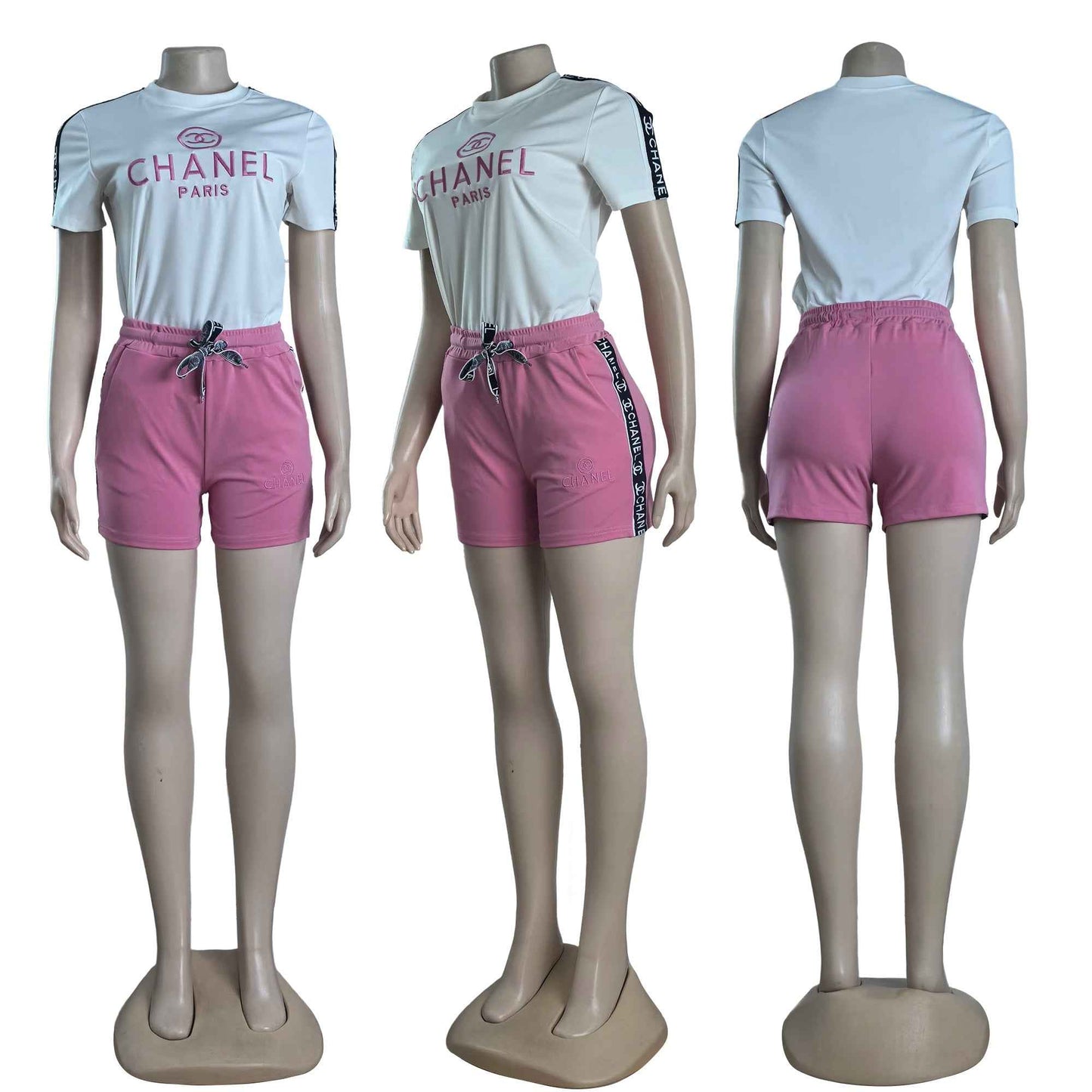 Women's White & Pink Two-Piece Lounge Set – Short Sleeve Tee & Drawstring Shorts