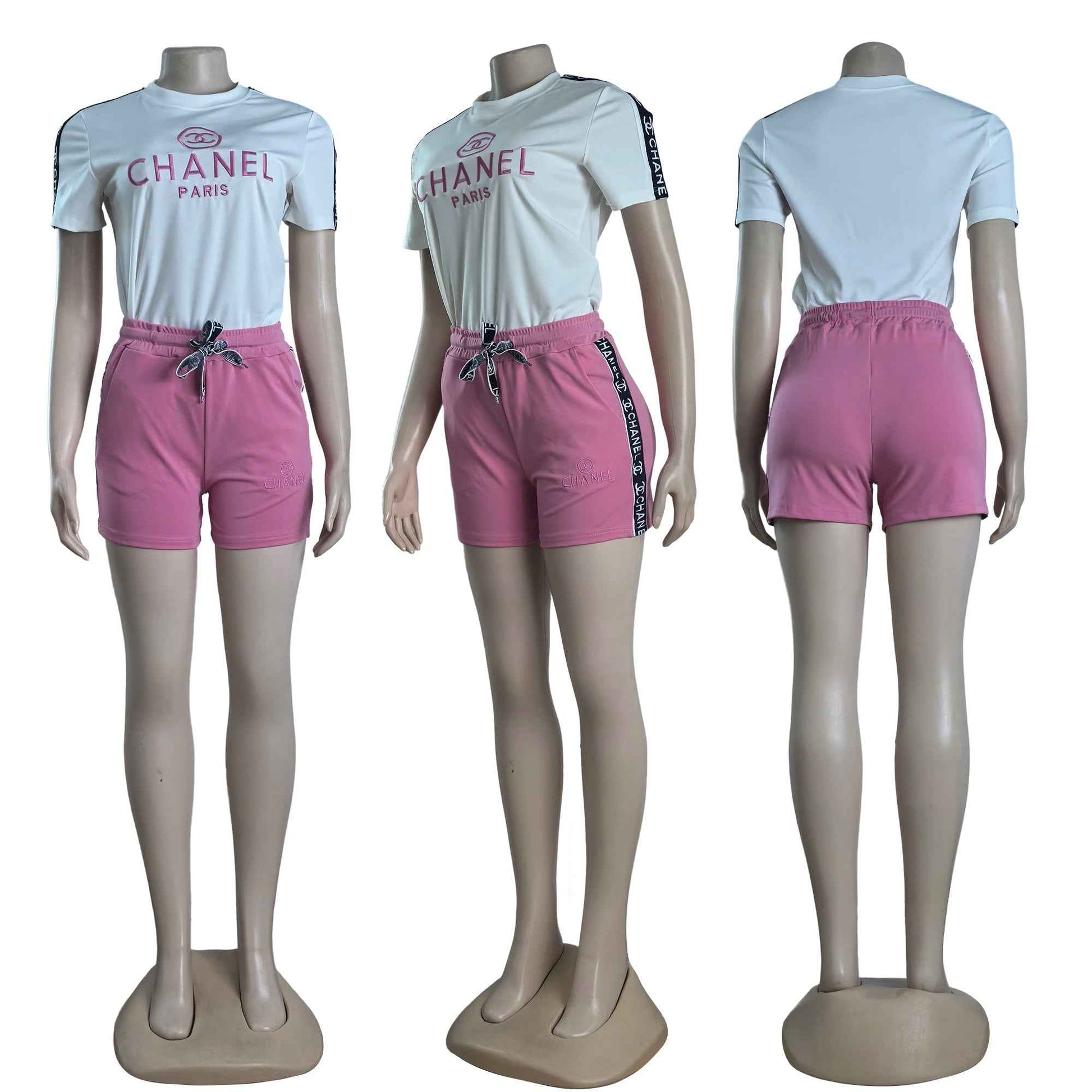Women's White & Pink Two-Piece Lounge Set – Short Sleeve Tee & Drawstring Shorts