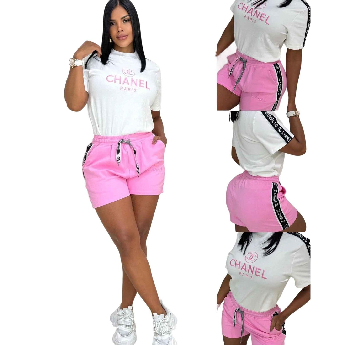 Women's White & Pink Two-Piece Lounge Set – Short Sleeve Tee & Drawstring Shorts