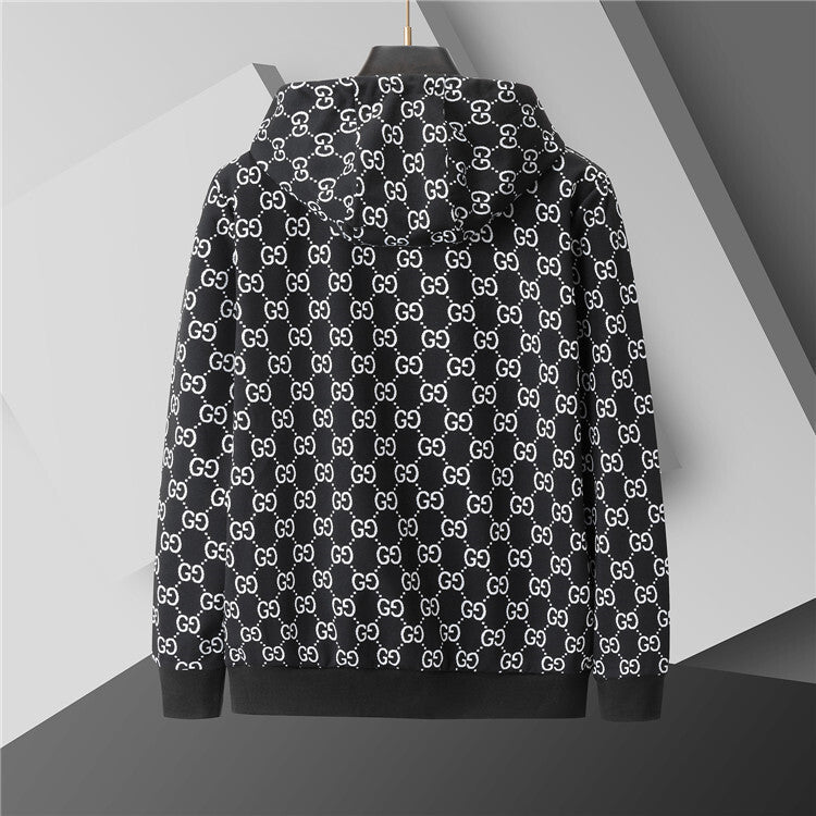 Black hoodie with white pattern on a gray background