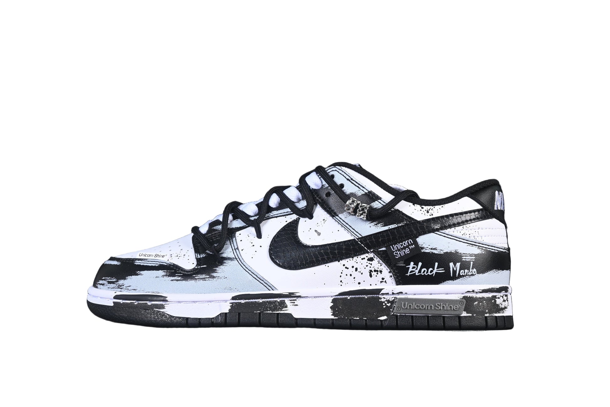 Black and white sneaker with  on a black background