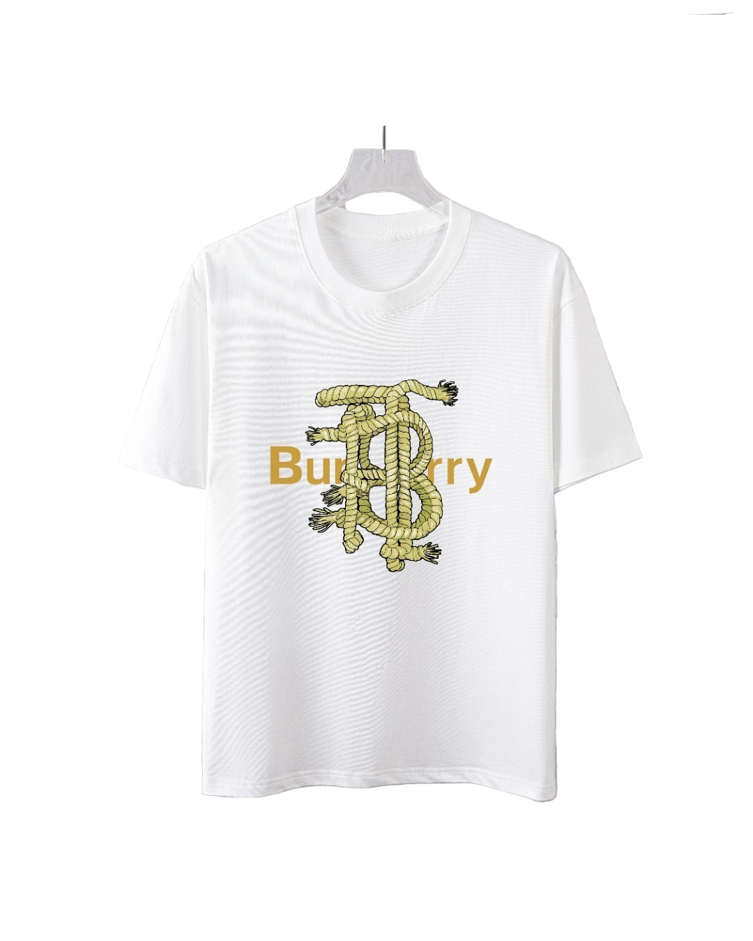 White t-shirt with a  graphic design on a textured white background