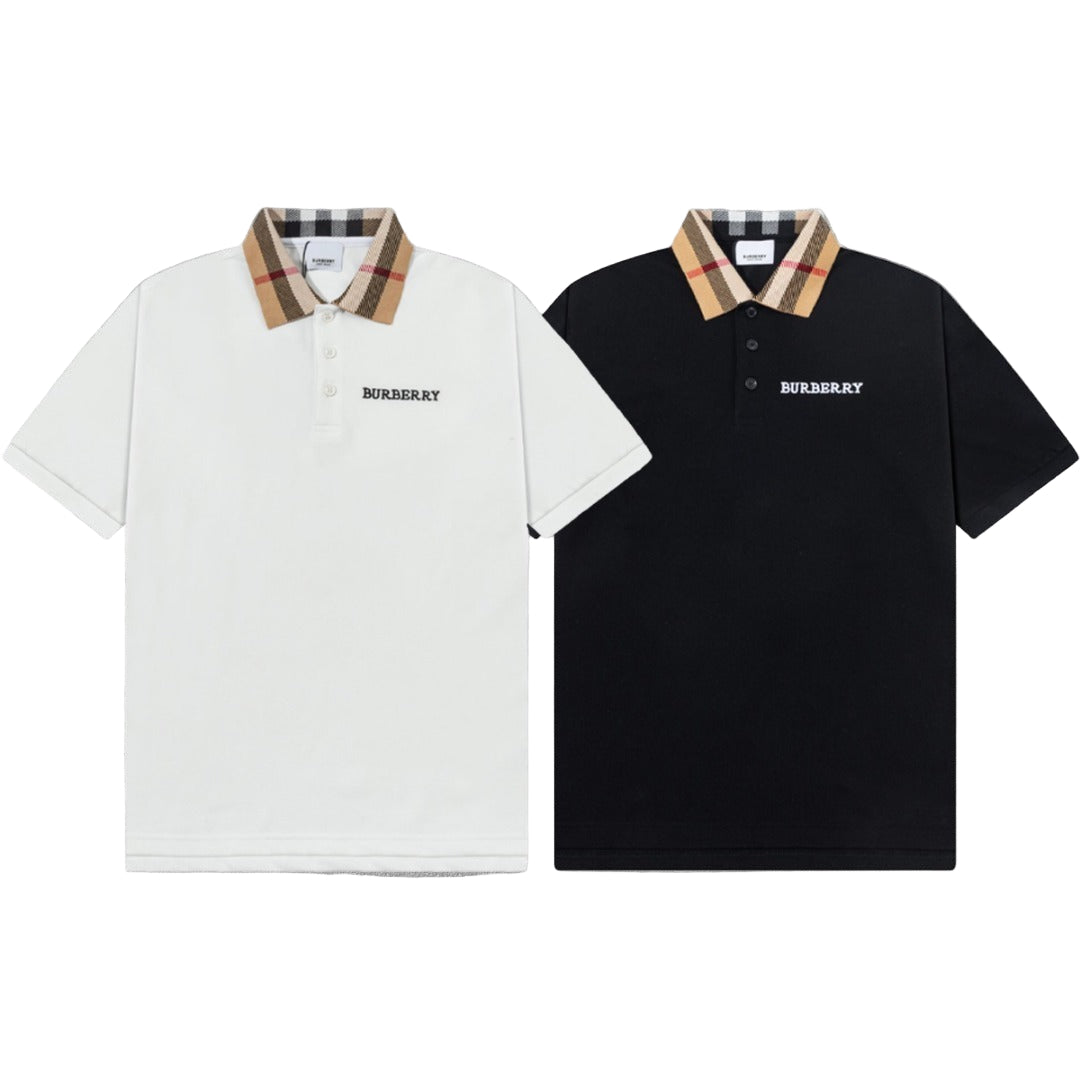 Two  polo shirts, one white and one black, on a gray background.