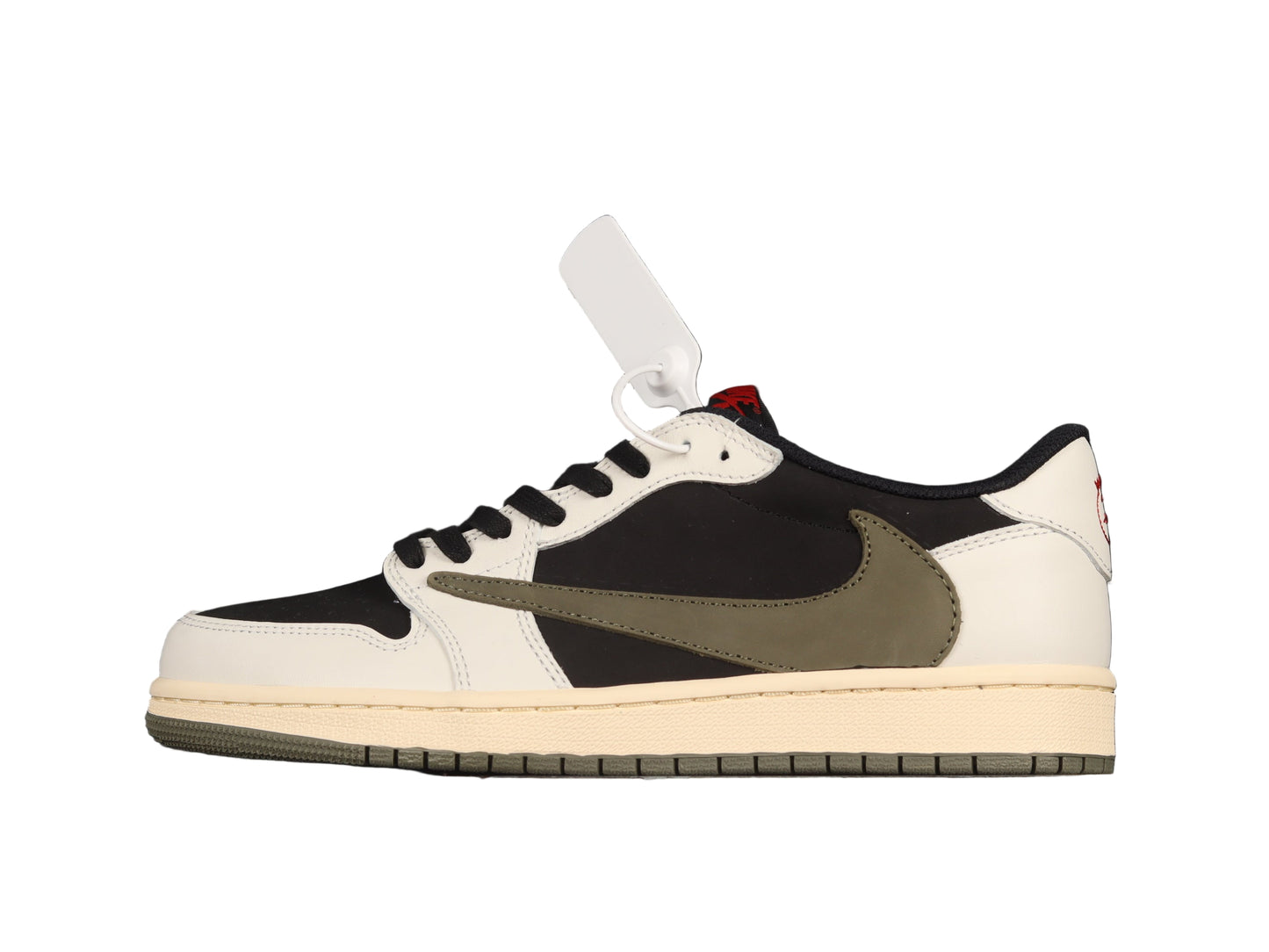 Black and white sneaker with a gold swoosh graphic on a white background