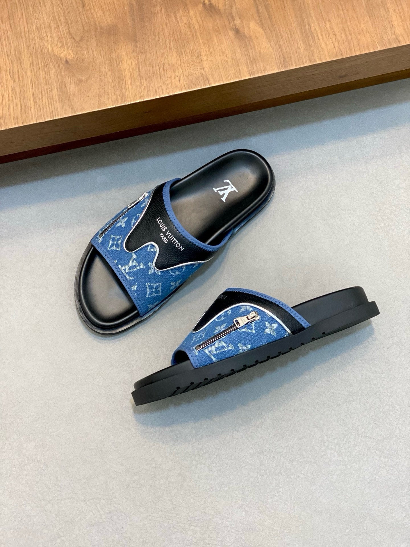 Monogram-Style Slide Sandals – Denim & Black Slip-On Casual Slides