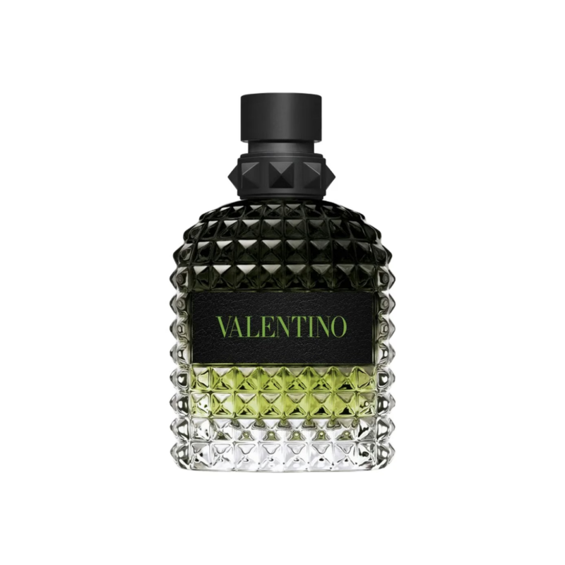 perfume bottle with black and green design on a white background