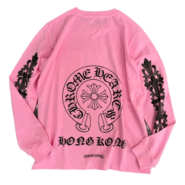 Pink Big Horseshoe Sanskrit Long Sleeve Tee – Arm Cross Graphic