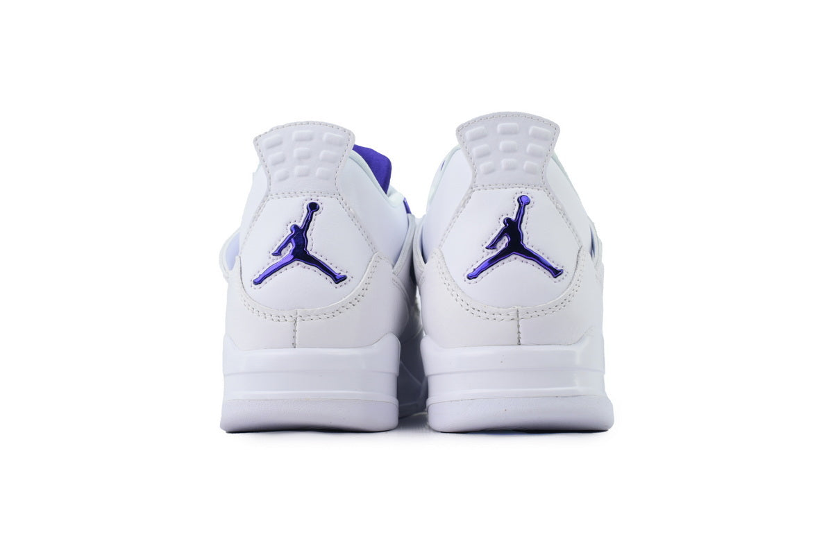 White sneakers with purple graphic on a white background