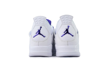 White sneakers with purple graphic on a white background