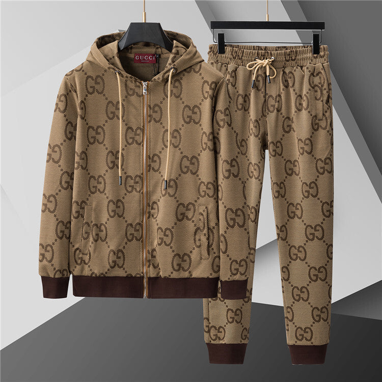 2-Piece Luxury Monogram Tracksuit – Zip Hoodie & Stripe Jogger Set