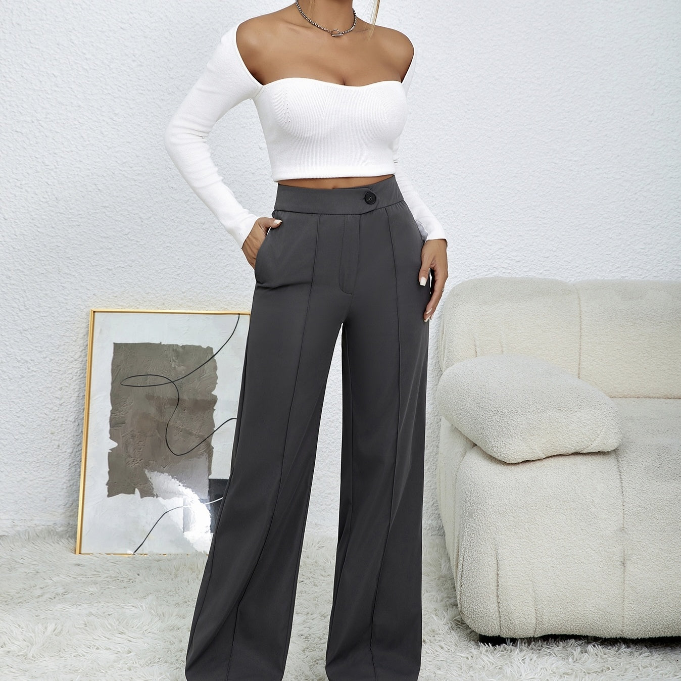 Ladies' Solid Color Loose Wide Leg Straight Leg Pants