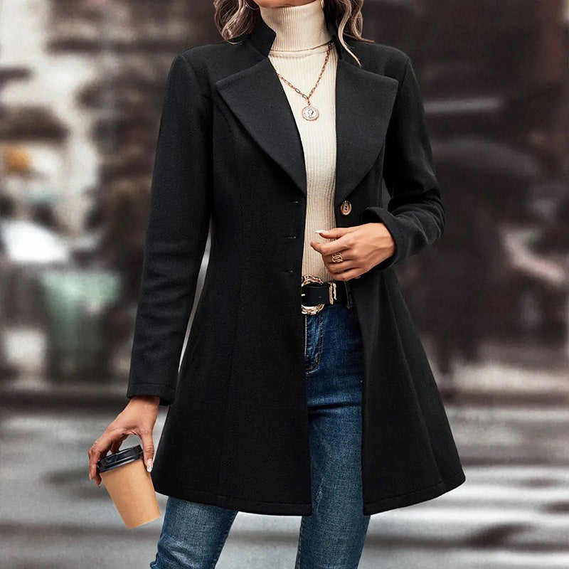 Women’s Winter Overcoat — Lapel Collar, Single-Breasted, Long Pea Coat