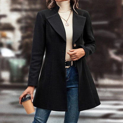 Women’s Winter Overcoat — Lapel Collar, Single-Breasted, Long Pea Coat