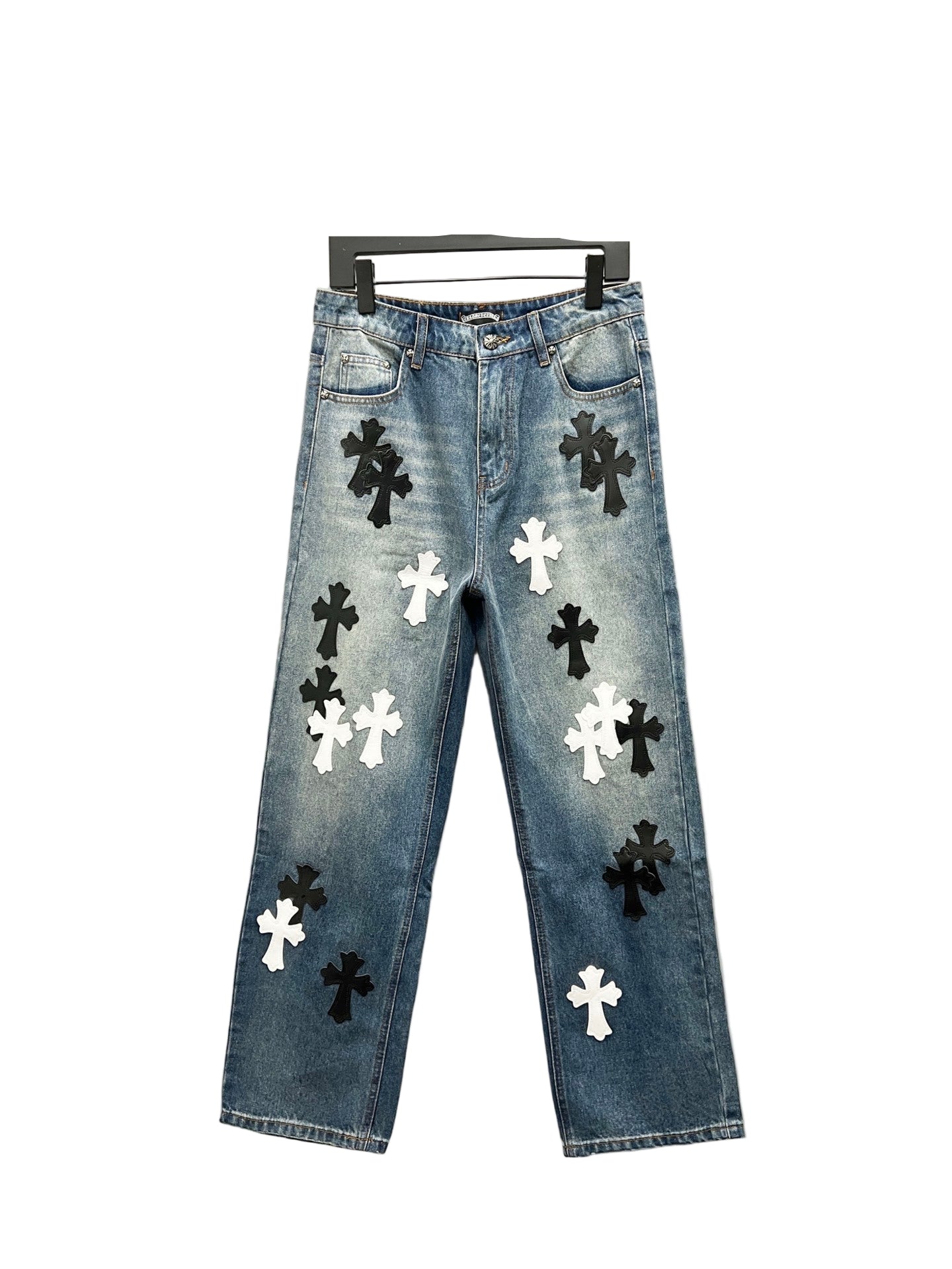Black Denim Jeans w/ Black & White Cross Patches – Luxury Rock Style front
