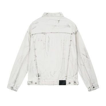 White Iridescent Foil Oversized Denim Jacket – Distressed Street Style