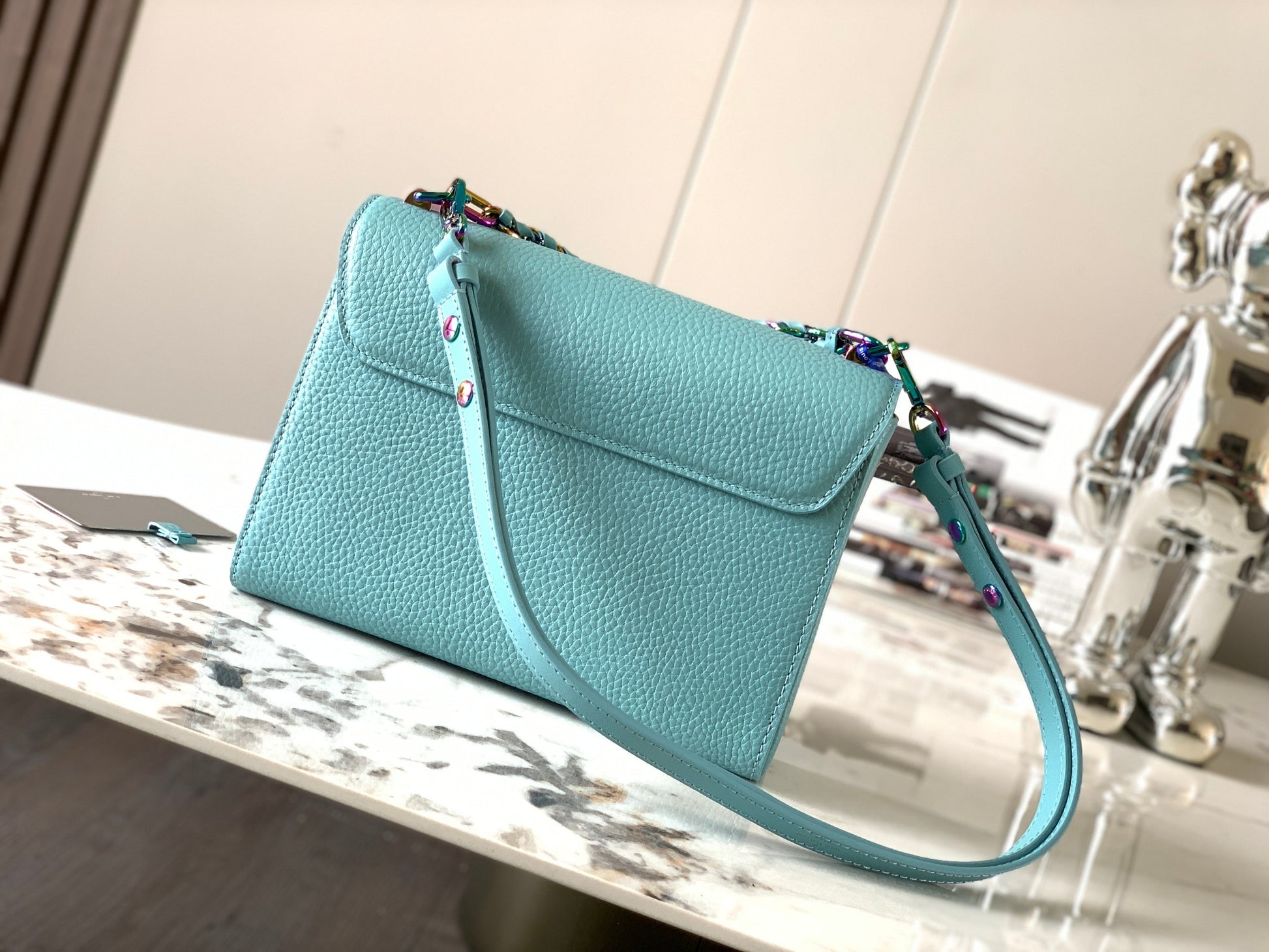 back Summer Splash Twist MM bag  iridescent blue grained calfskin leather