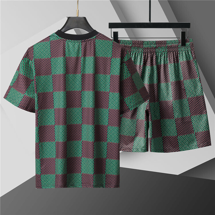 back brown Jacquard Short-Sleeve Crewneck T-Shirt & Lined Shorts Set