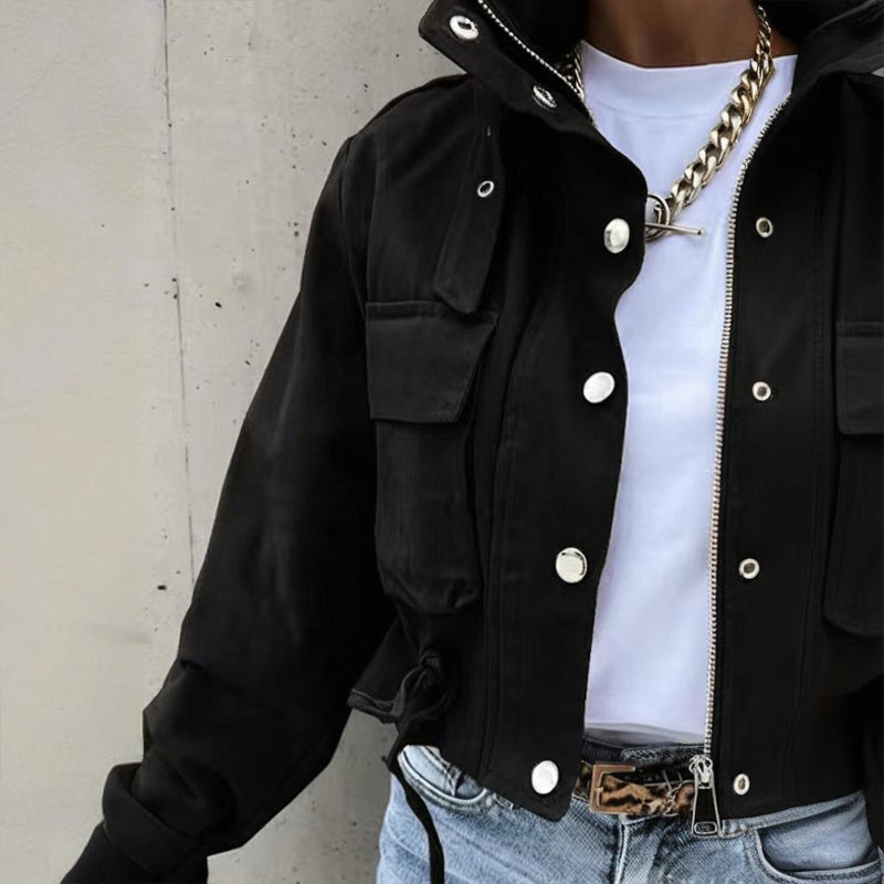 Women’s stand collar drawstring hem jacket