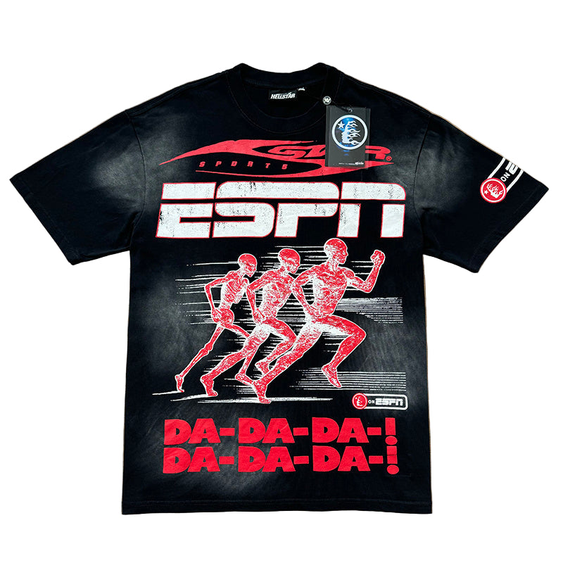 Black t-shirt with red and white graphics and 'ESPN' 
