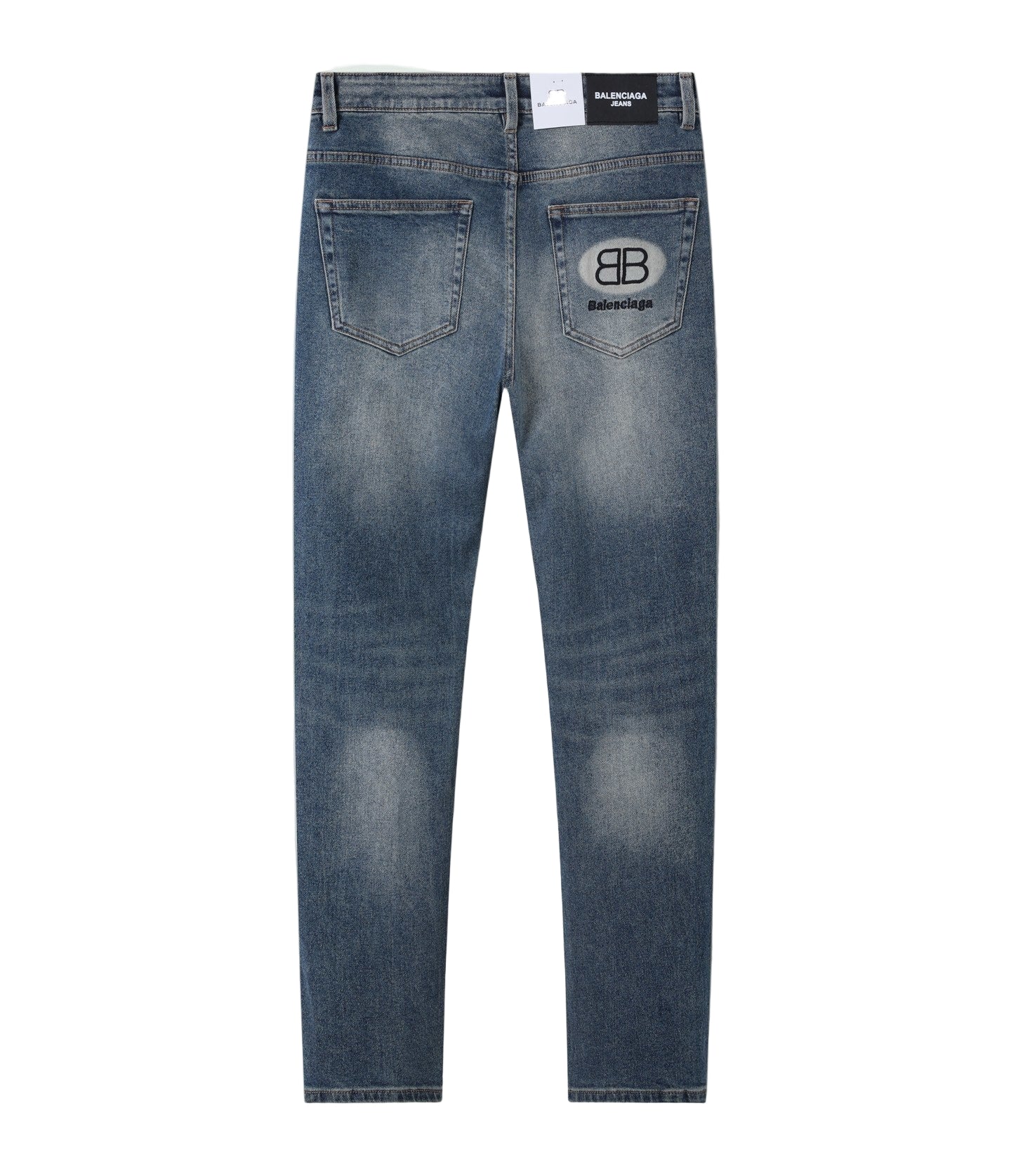 Blue jeans with a graphic displayed in a frame on a decorative background