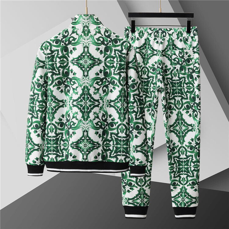 Green Majolica Motif Zip Hoodie & Joggers Set — Statement Graphic Knit