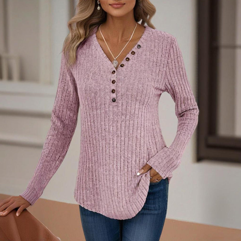 Women's Solid Color Button V-Neck Long Sleeve Knit Top
