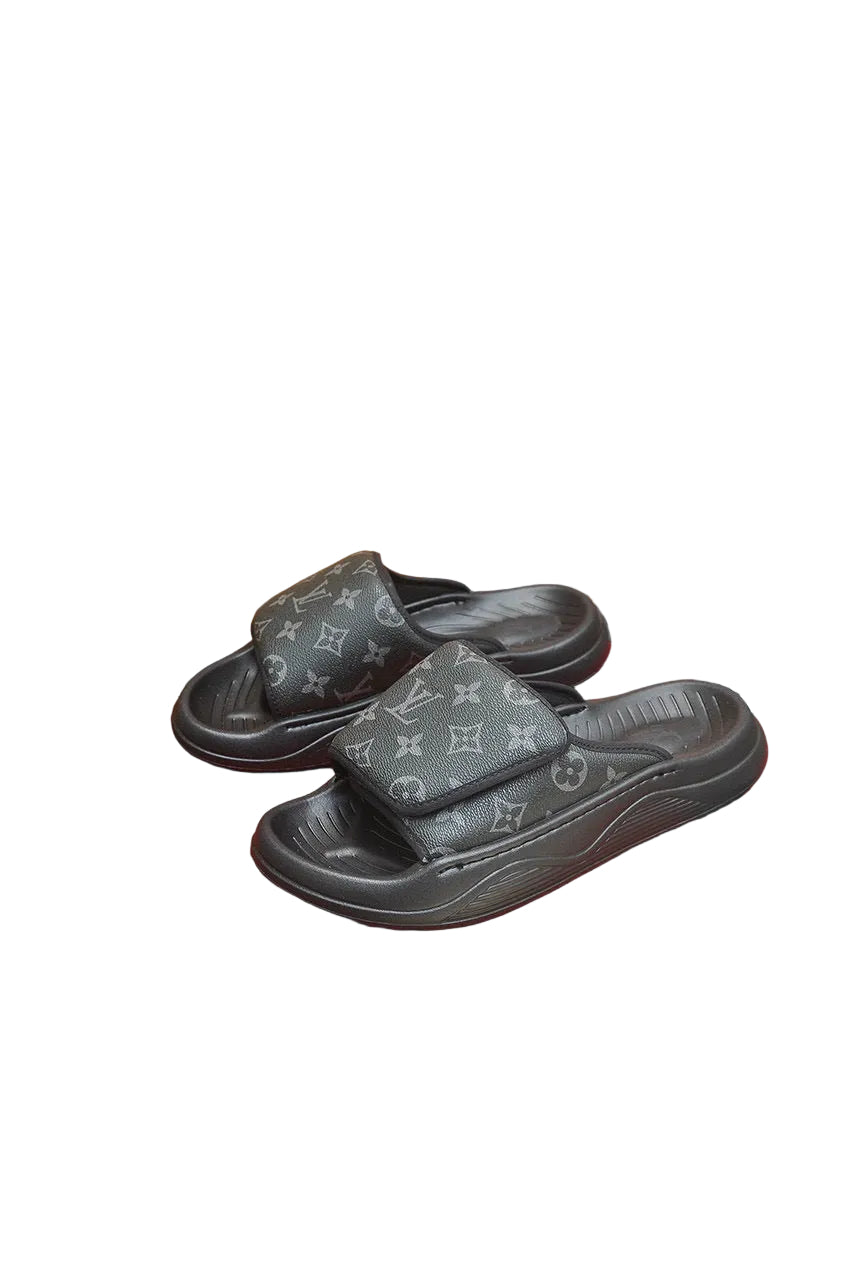 Custom Monogram-Pattern Pool Slides with Cushioned White Sole blac