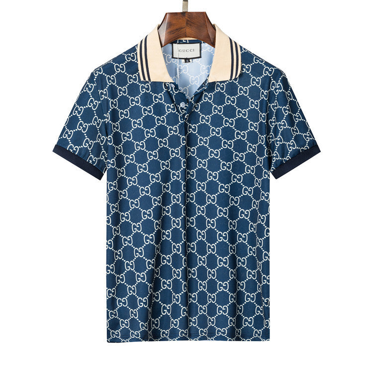 blue Cotton Knit Jacquard Polo Shirt