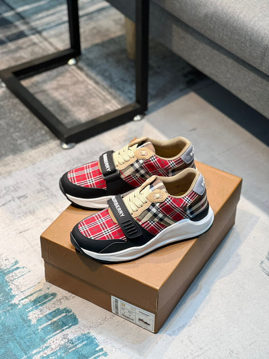 Burberry Ramsey Red/Beige Check Canvas Suede  Strap Sneaker - TruVybe Essentials