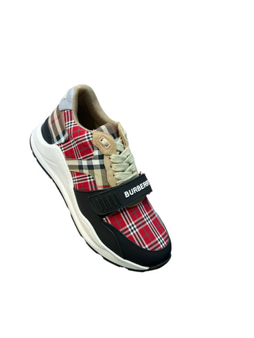Burberry Ramsey Red/Beige Check Canvas Suede  Strap Sneaker - TruVybe Essentials