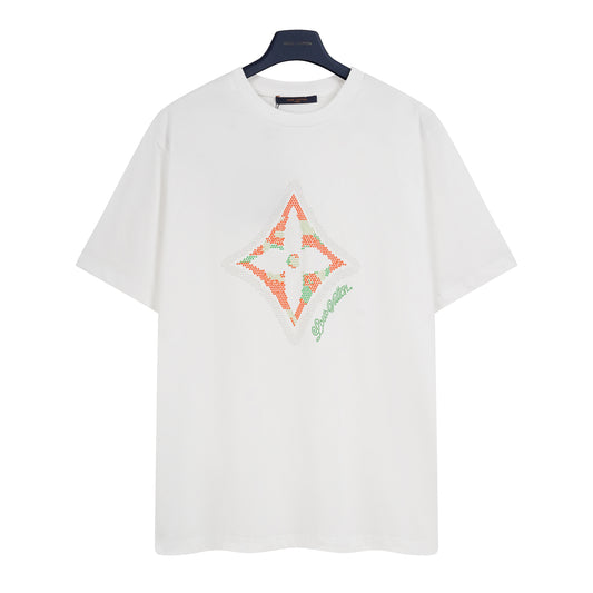 Monogram Flower 3D Gradient Print T-Shirt – White Designer Tee with Iridescent Print & Signature Label