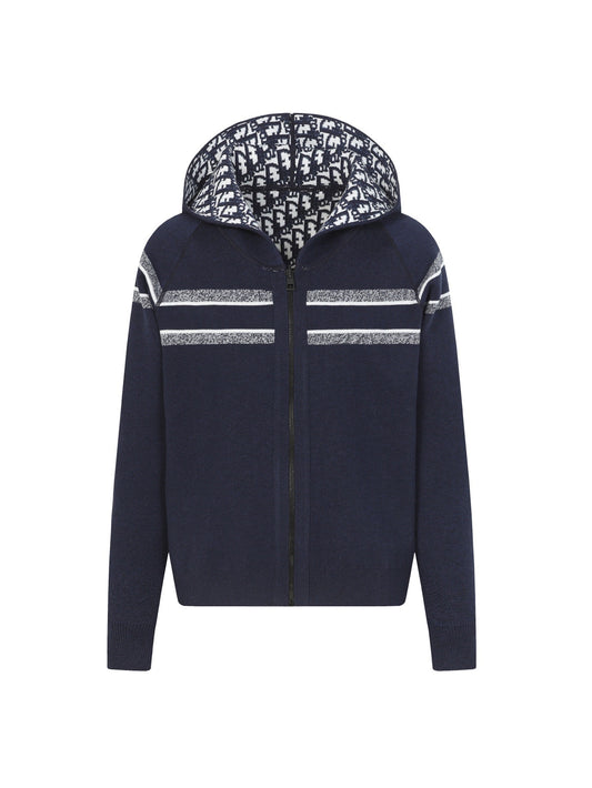 Reversible Blue Cashmere-Blend Hooded Zip Cardigan with Geometric Pattern