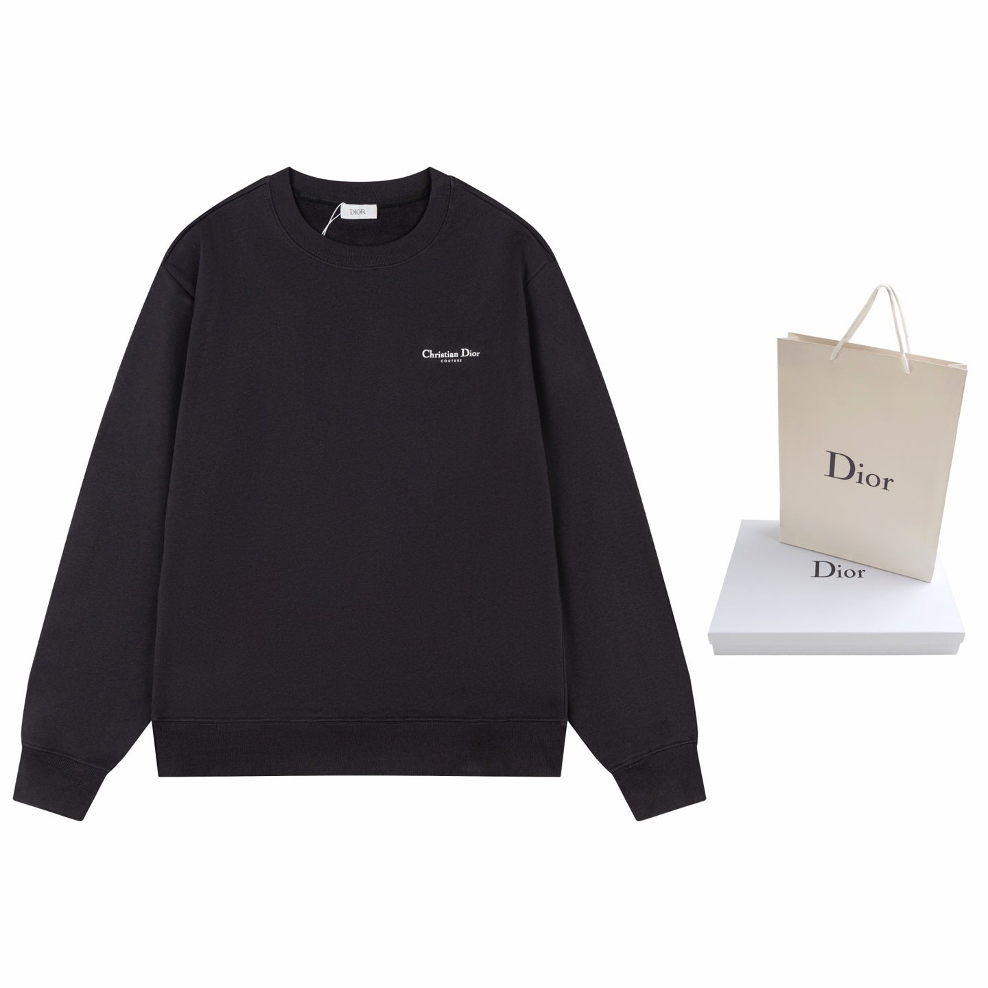 Black sweatshirt with a small graphic 
and  shopping bag on a white background