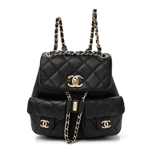 Chanel Small Duma Backpack – Black Shiny Caviar Quilted Drawstring with Gold CC