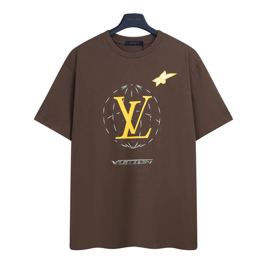 Luxury Washed Embellished Cotton T-Shirt – Brown Vintage Rhinestone & Pearl Graphic Tee