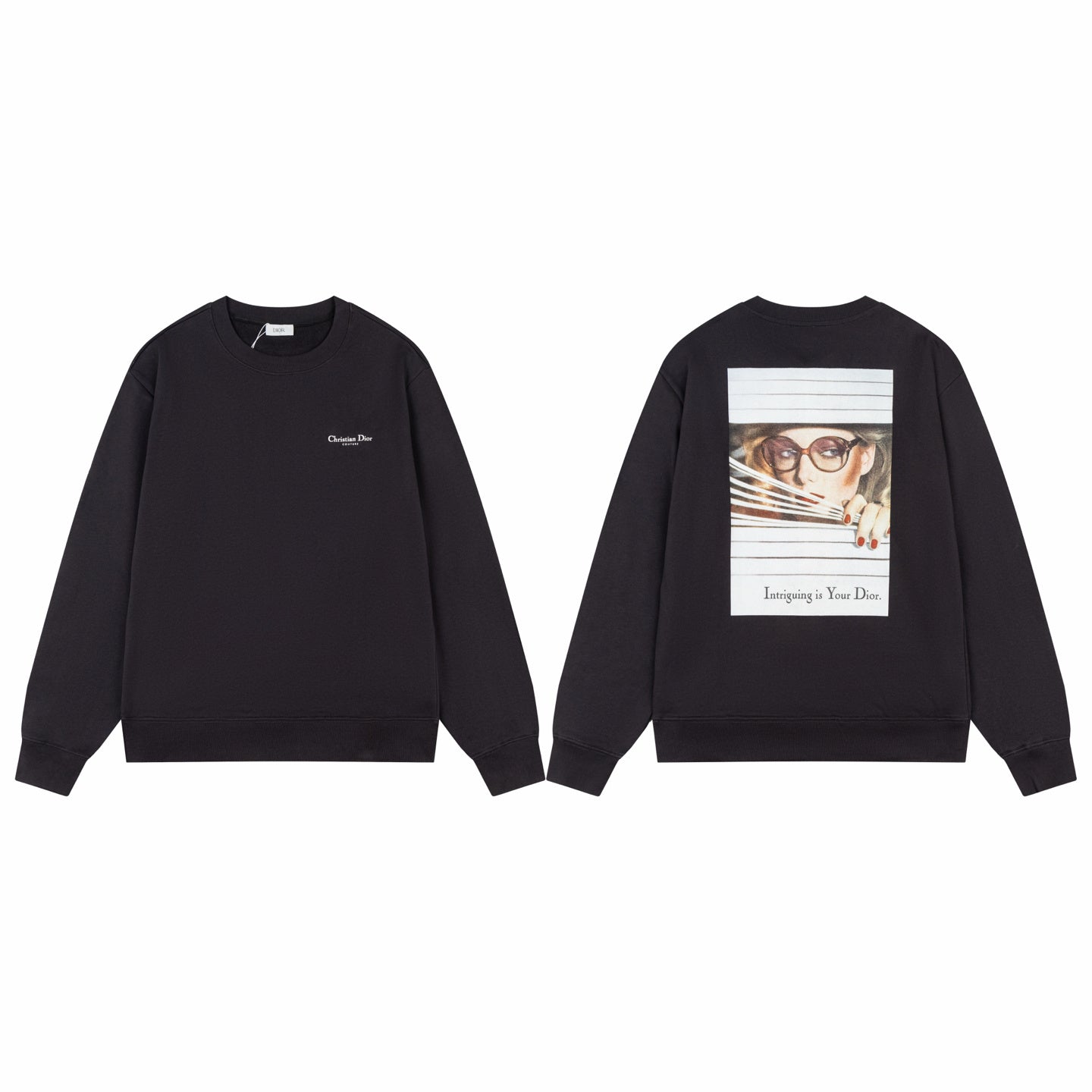 Black sweatshirt with a graphic design on the back, displayed from front and back views.