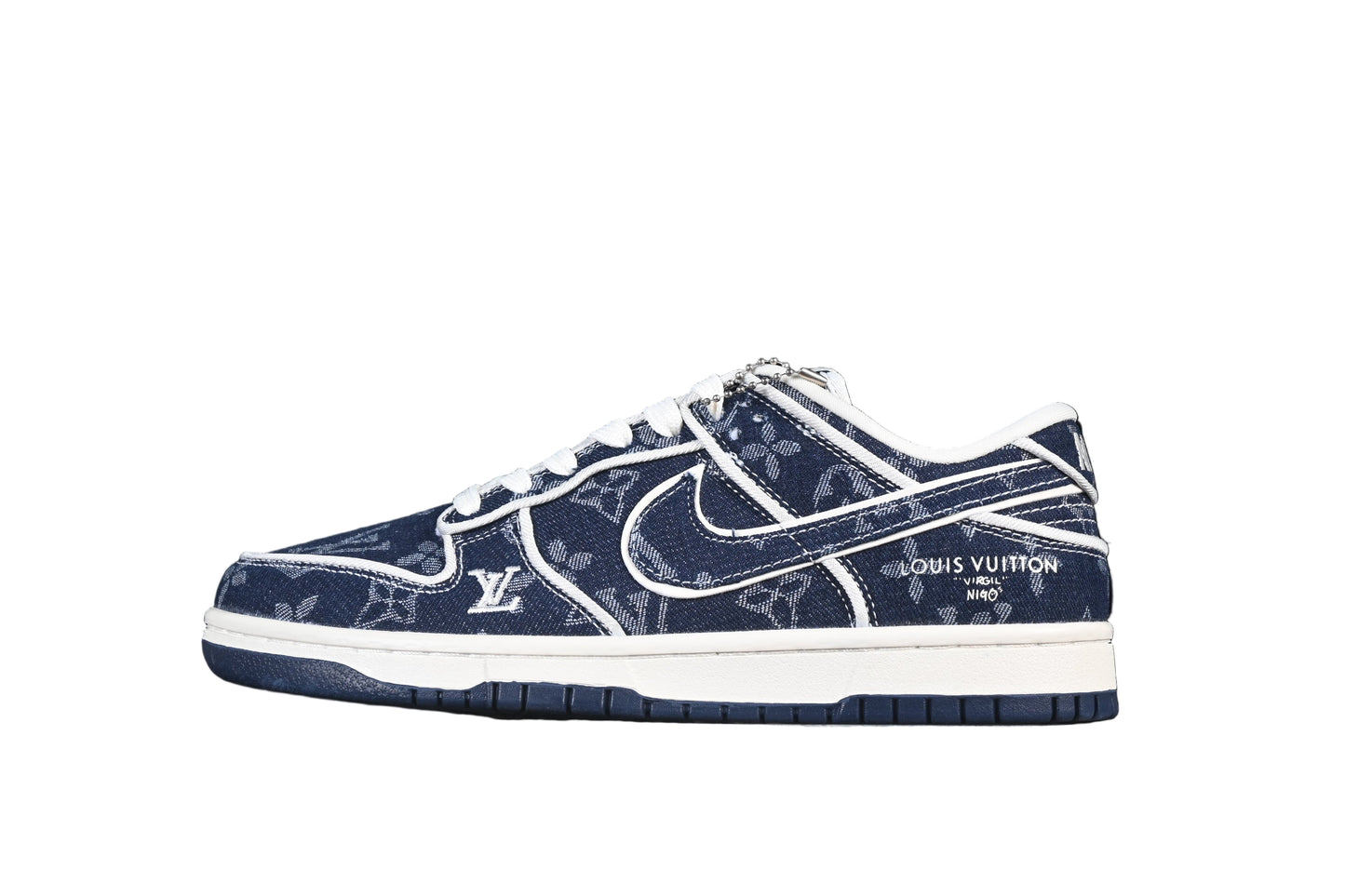 Navy blue sneaker with white gra[hicand text on a black background