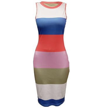 Women’s Color-Blocked Striped Sleeveless Bodycon Dress
