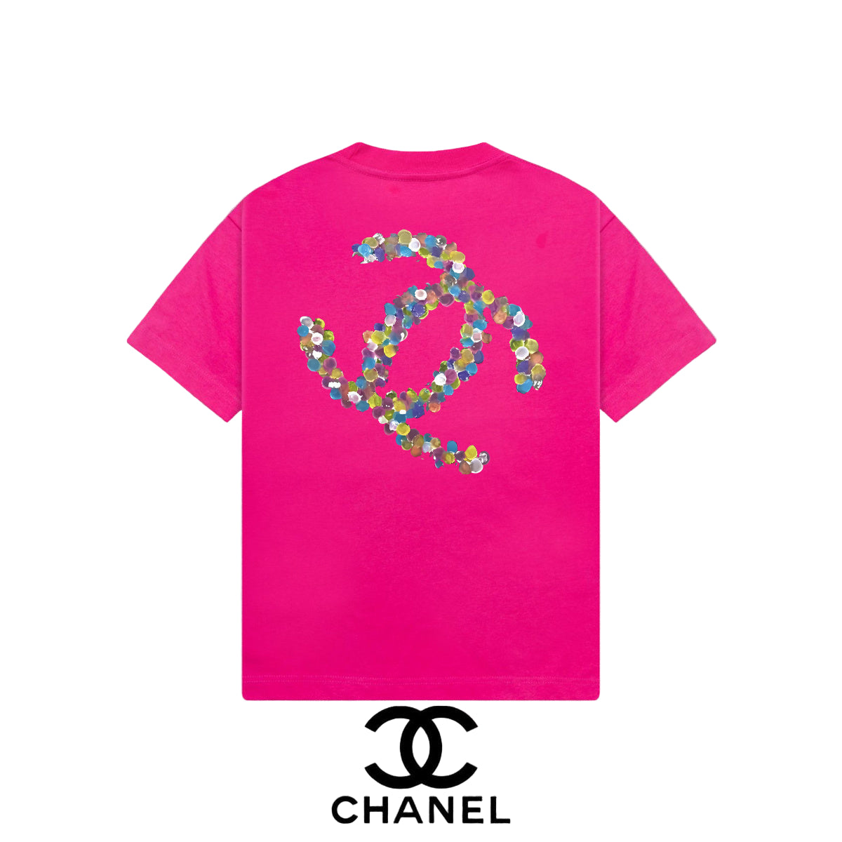 Pink t-shirt with colorful floral graphic