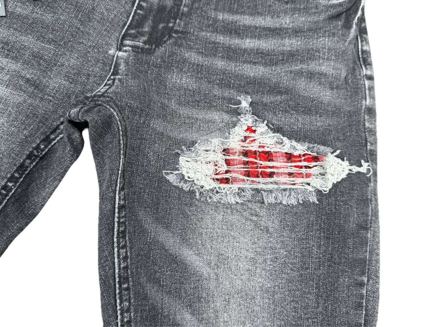 Black Slim Fit Jeans – Red Embroidery & Distressed Holes