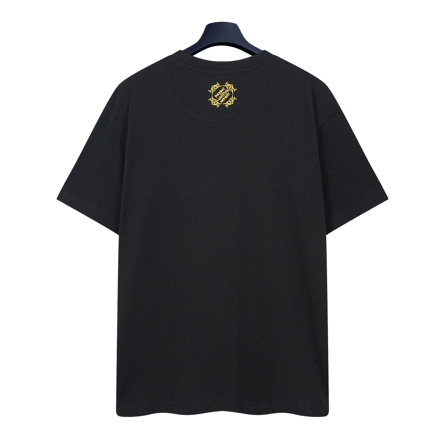 Embellished Damier Piqué T-Shirt – Black Luxury Organic Cotton Tee with Golden Embroidery