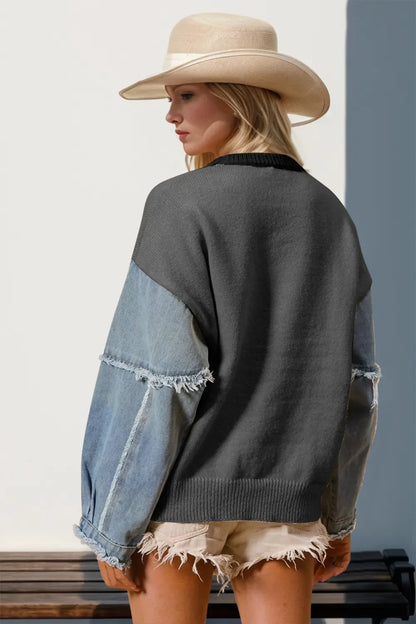 Double Take Star-Pattern Raw-Edge Long Sleeve Sweater