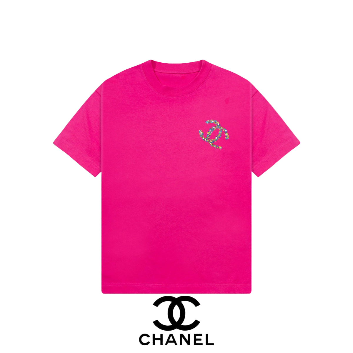 Pink t-shirt with  graphic on a gray background