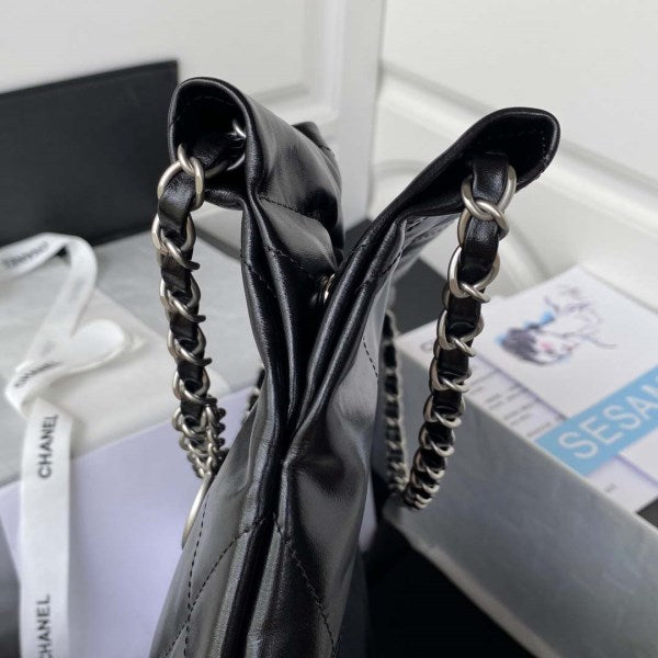 Chanel 22 Small Handbag Shiny Calfskin AS3260 Black with Silver Logo - TruVybe Essentials